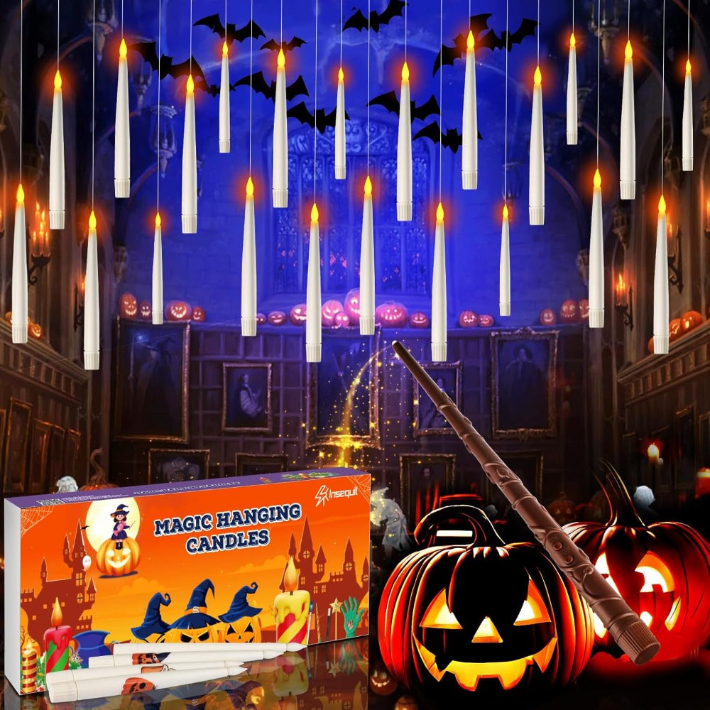 20pcs Floating Halloween Candles with Wand Remote – Flickering Flameless Hanging Decorations