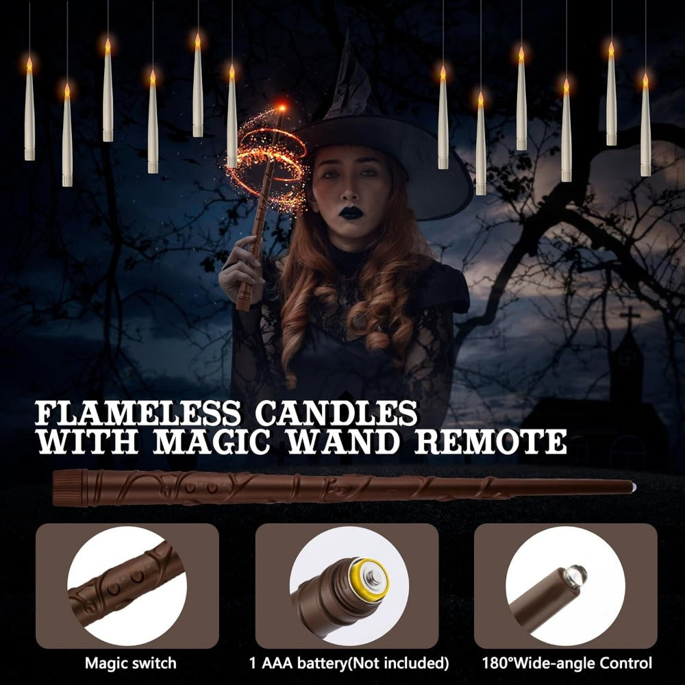 20pcs Floating Halloween Candles with Wand Remote – Flickering Flameless Hanging Decorations