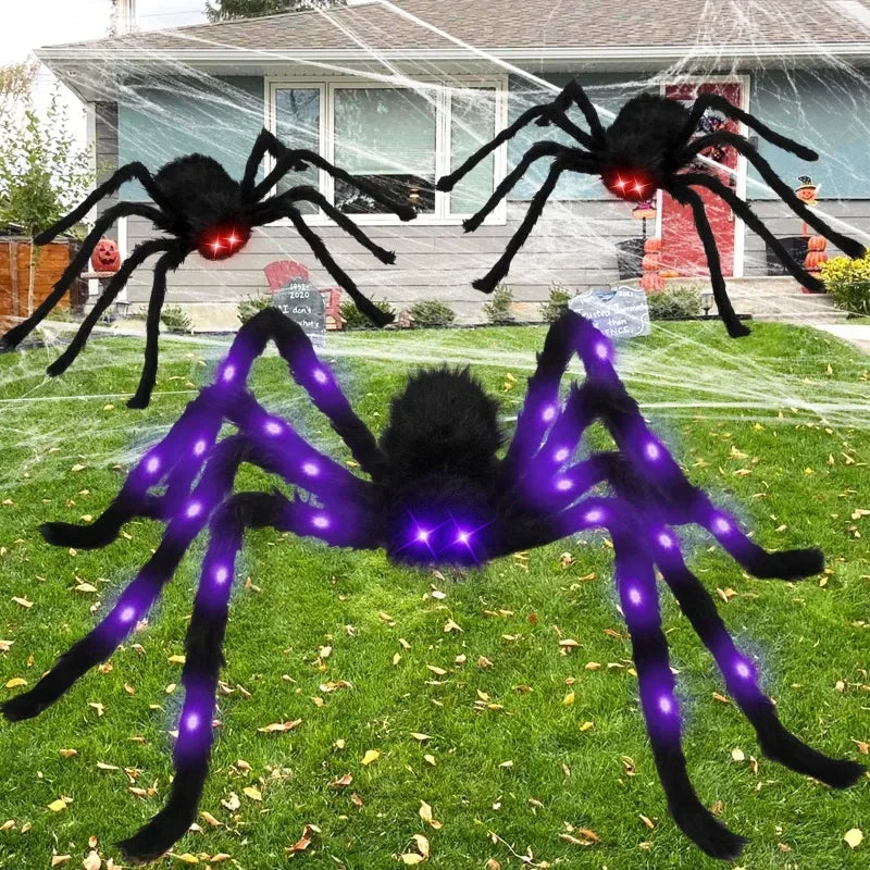 197 Inches Glowing Spider Web Halloween Decorations – LED Purple Light Plush Spider & Triangulation Fan Web