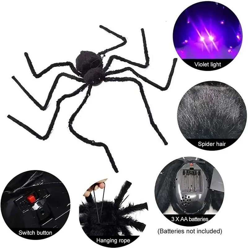 197 Inches Glowing Spider Web Halloween Decorations – LED Purple Light Plush Spider & Triangulation Fan Web